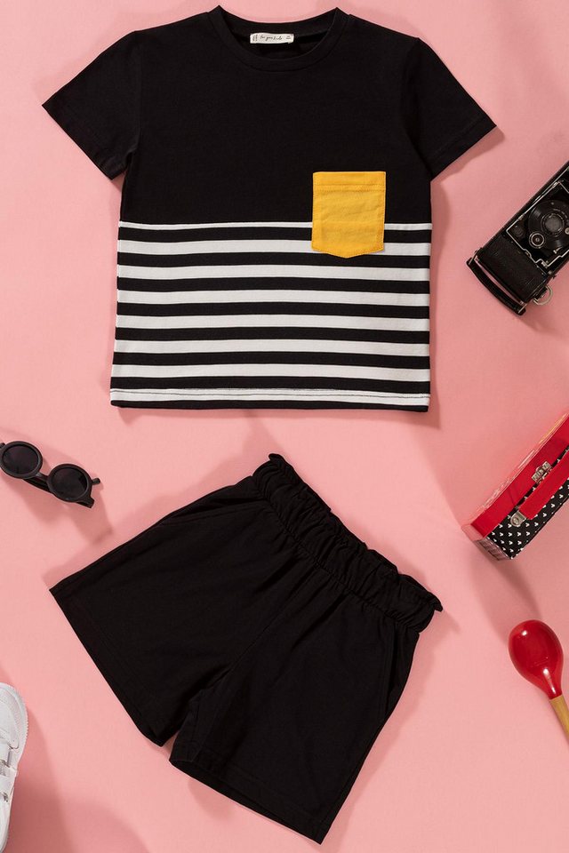 For You Moda Shorts Gestreiftes Taschen Schwarz T-Shirt Shorts Set von For You Moda