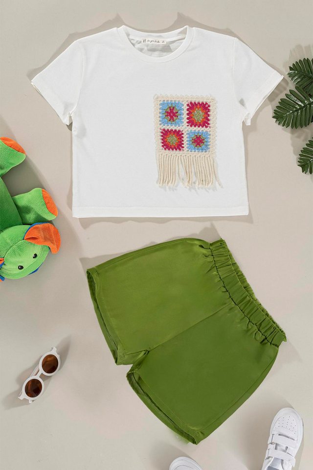 For You Moda Shorts Grünes T-Shirt-Shorts-Set mit Spitzenbesatz von For You Moda