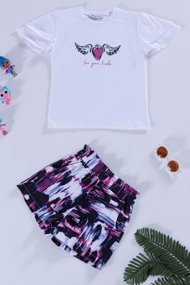 For You Moda Shorts Herz Flügel Muster Lila Weiß T-Shirt Shorts Set von For You Moda
