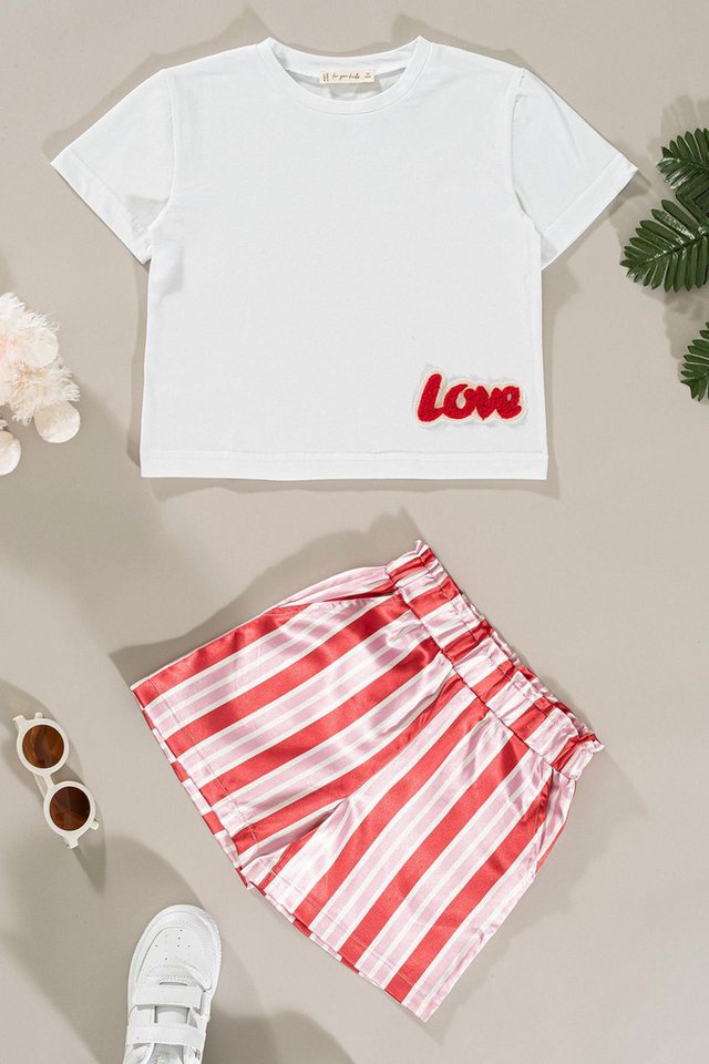 For You Moda Shorts Rot-Weiß Gestreiftes Besticktes Shorts-Set von For You Moda