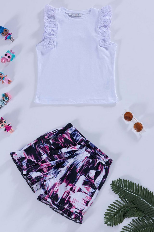 For You Moda Shorts Schulter Spitze Lila Weiß Top & Shorts Set von For You Moda