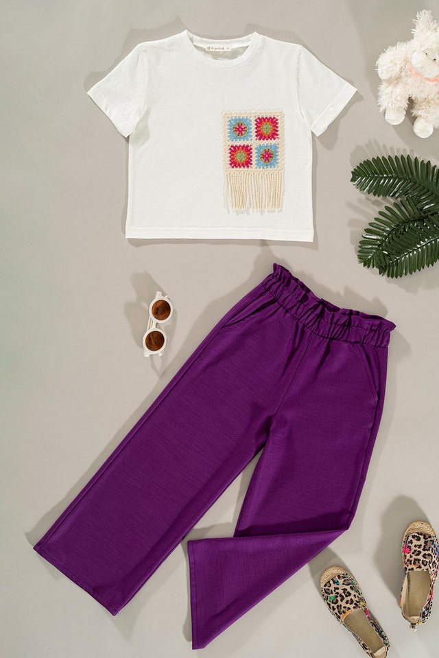 For You Moda Shorts Spitze Taschendetail Lila Hosen Set von For You Moda