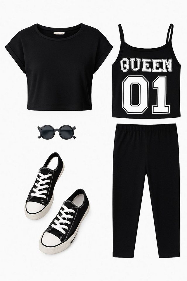 For You Moda Sweatanzug 3-teiliges Set aus schwarzem T-Shirt, Unterhemd und Strumpfhose mit Qu von For You Moda