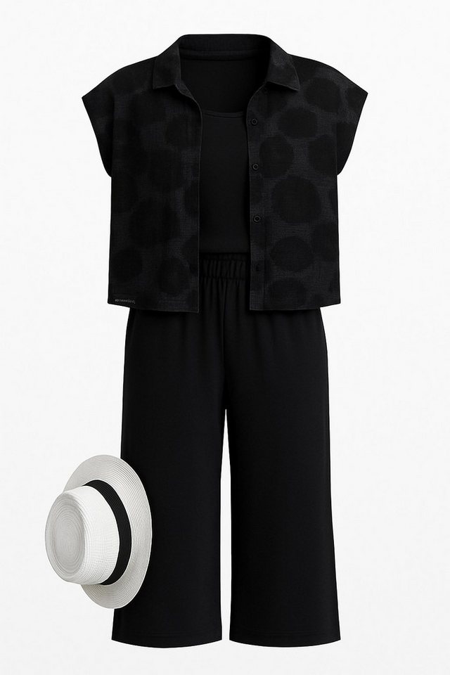 For You Moda Sweatanzug 3-teiliges schwarzes Hemd-T-Shirt-Hosen-Set mit Blumenstickerei von For You Moda