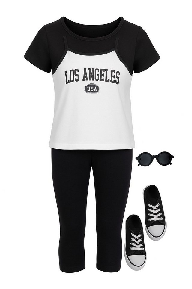 For You Moda Sweatanzug 3er-Pack schwarzes Set mit T-Shirt, Tanktop und Strumpfhose mit Los An von For You Moda