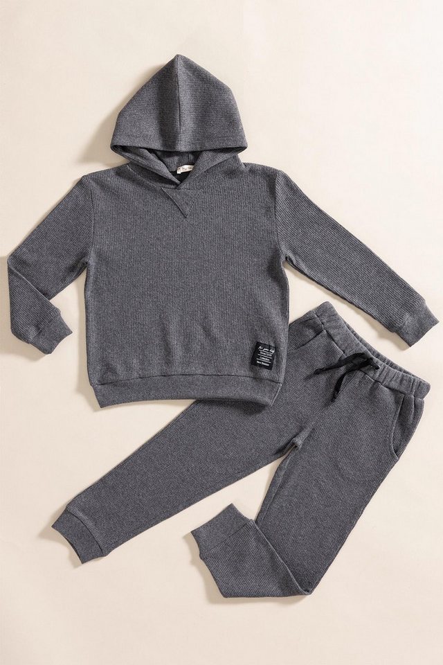 For You Moda T-Shirt 2-teiliges Anthrazit Waffel-Sweat-Jogger-Set mit Kapuze von For You Moda