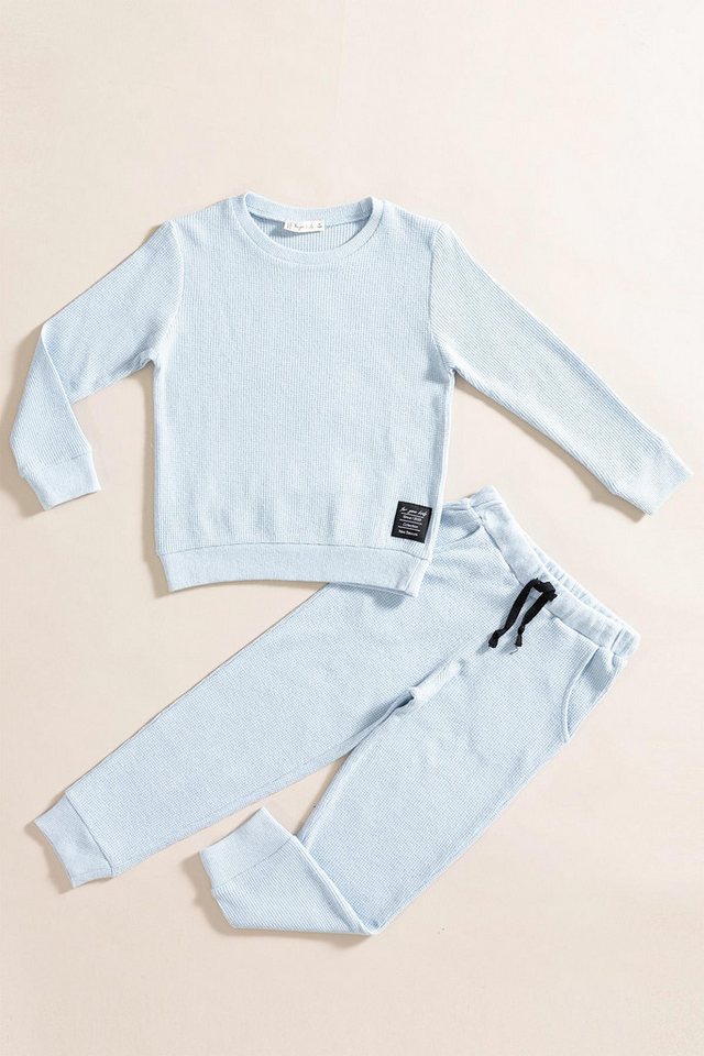 For You Moda T-Shirt 2-teiliges Baumwoll-Waffel-Sweat-Jogger-Blau-Set von For You Moda