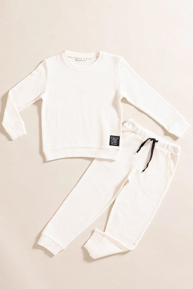 For You Moda T-Shirt 2-teiliges Baumwoll-Waffel-Sweat-Jogger-Set in Ecru von For You Moda