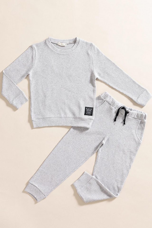 For You Moda T-Shirt 2-teiliges Baumwoll-Waffel-Sweat-Jogger-Set in Hellgrau von For You Moda