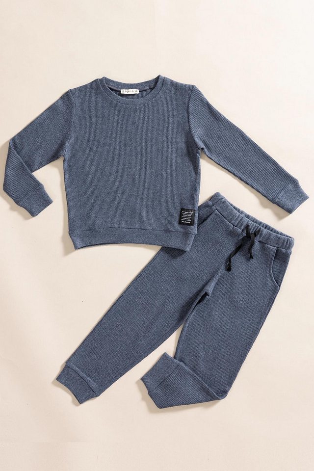 For You Moda T-Shirt 2-teiliges Baumwoll-Waffel-Sweat-Jogger-Set in Indigo von For You Moda