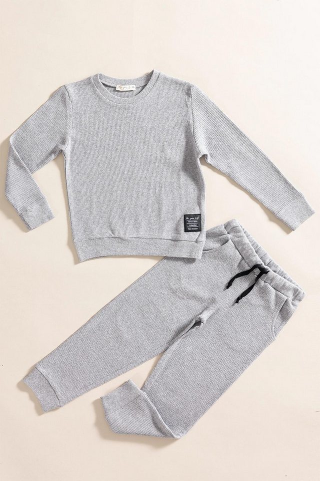 For You Moda T-Shirt 2-teiliges Baumwoll-Waffel-Sweat-Set Dunkelgrau von For You Moda