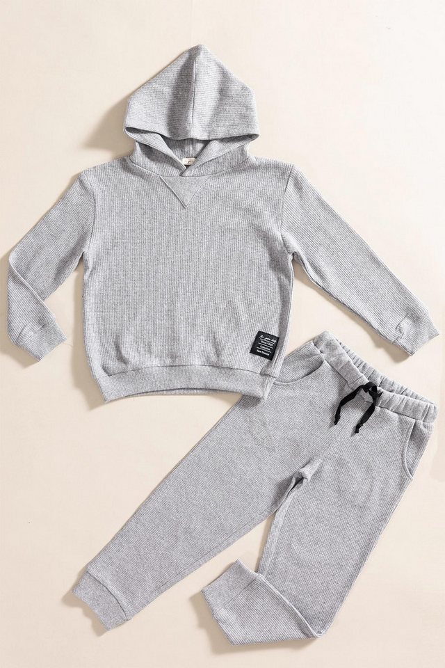 For You Moda T-Shirt 2-teiliges Dunkelgrau Waffel-Sweat-Jogger-Set mit Kapuze von For You Moda