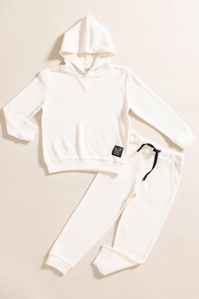 For You Moda T-Shirt 2-teiliges Ecru Waffel-Sweat-Jogger-Set mit Kapuze von For You Moda