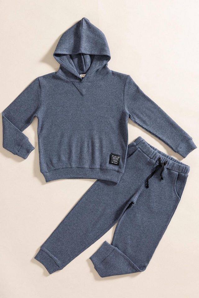 For You Moda T-Shirt 2-teiliges Indigo Waffel-Sweat-Jogger-Set von For You Moda