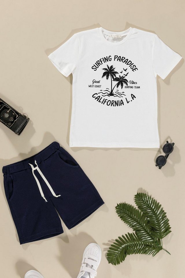 For You Moda T-Shirt 2-teiliges Marineblau bedrucktes Oberteil und Unterteil von For You Moda