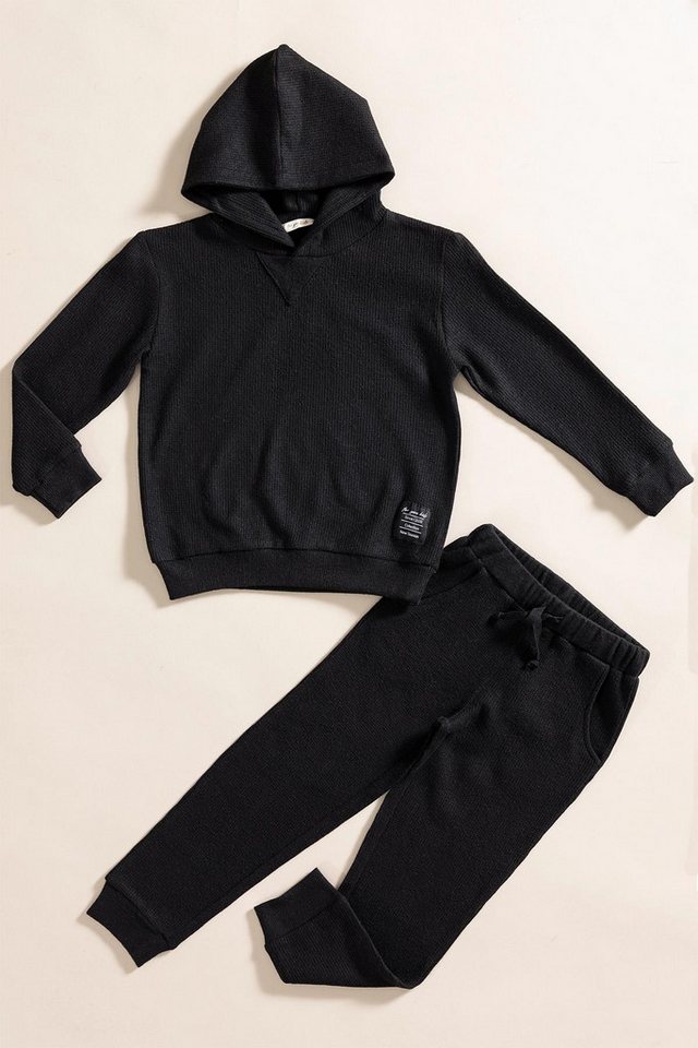 For You Moda T-Shirt 2-teiliges Schwarzes Waffel-Sweat-Jogger-Set mit Kapuze von For You Moda