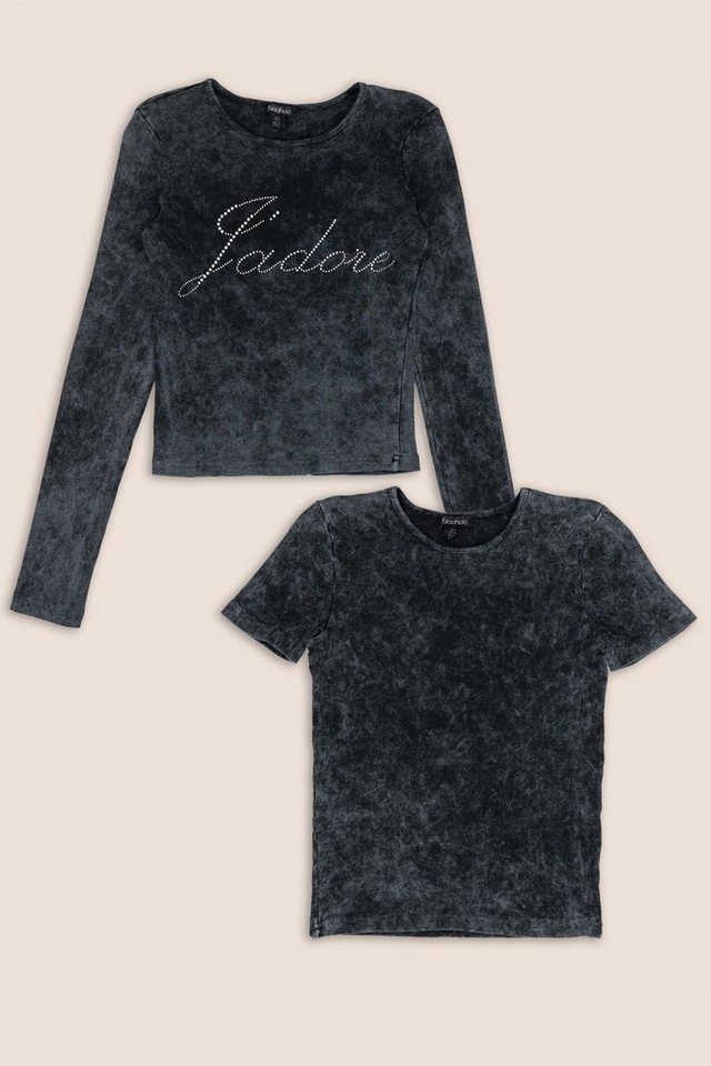 For You Moda T-Shirt 2er-Pack Steinverziertes Lang- & Kurzarm Anthrazit T-Shirt von For You Moda