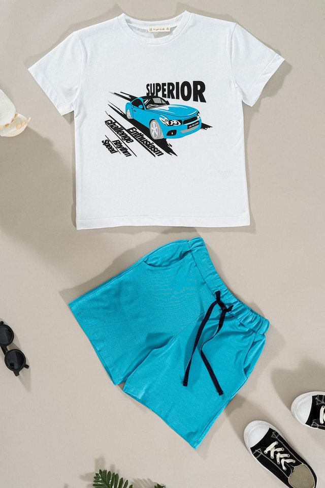 For You Moda T-Shirt Blauer Auto-Print Top und Bottom Set von For You Moda