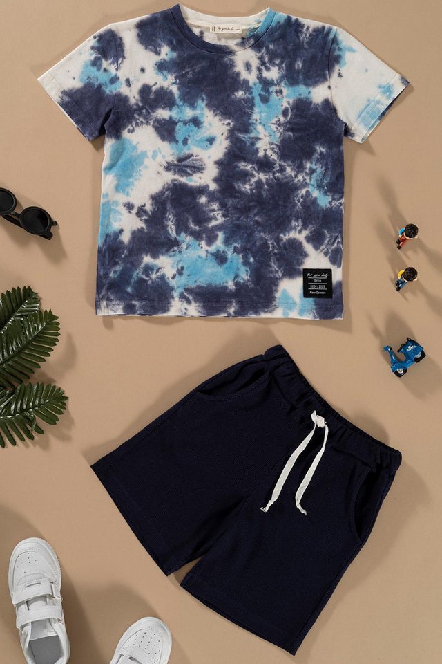 For You Moda T-Shirt Blaues Batik-Wasch-T-Shirt-Shorts-Set von For You Moda