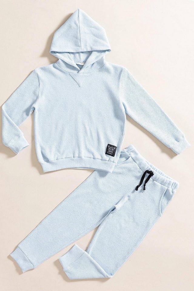 For You Moda T-Shirt Blaues Waffel-Sweat-Jogger-Set mit Kapuze - 2 Teile von For You Moda
