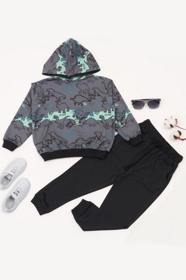 For You Moda T-Shirt Dino Kapuzen Anthrazit Grau Trainingsanzug von For You Moda