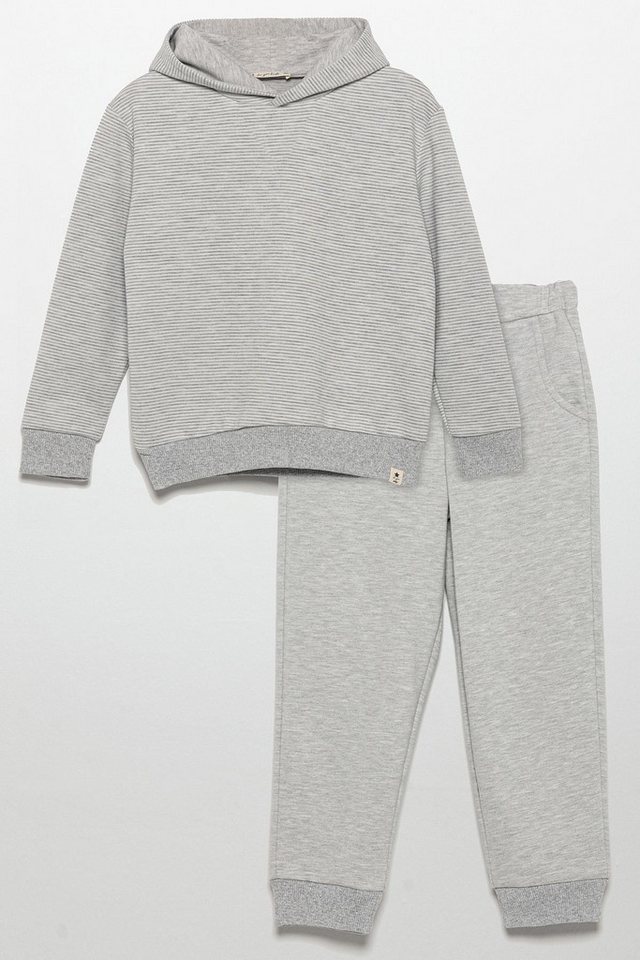 For You Moda T-Shirt Gestreifter Kapuzen-Jogger Grauer Trainingsanzug von For You Moda