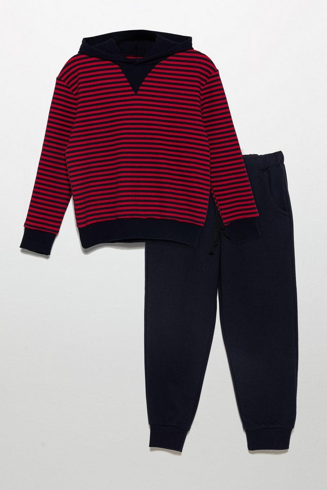 For You Moda T-Shirt Gestreifter Kapuzenjogger Marineblauer Trainingsanzug von For You Moda