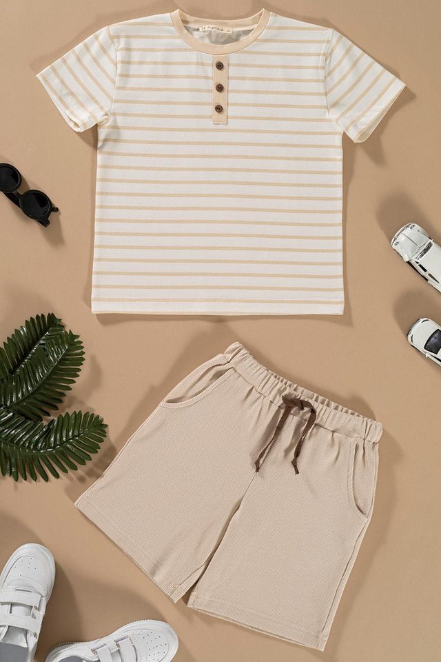 For You Moda T-Shirt Gestreiftes Edelstein-verziertes Knopf-Stein-T-Shirt-Shorts-Set von For You Moda