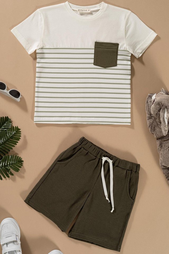 For You Moda T-Shirt Gestreiftes Grün T-Shirt und Shorts Set mit Taschendetail von For You Moda