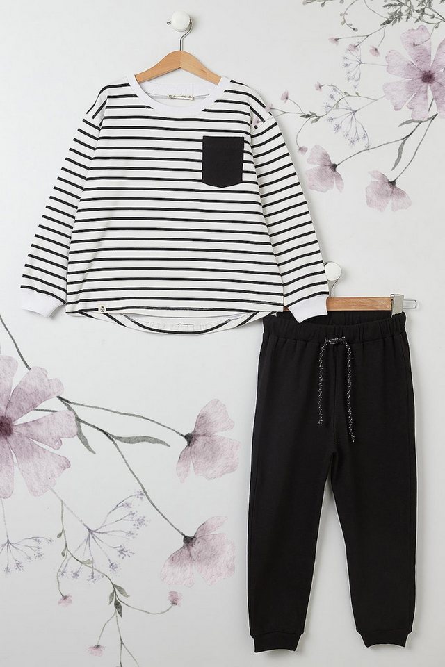 For You Moda T-Shirt Gestreiftes Schwarzes Taschendetail Co-ord Set von For You Moda