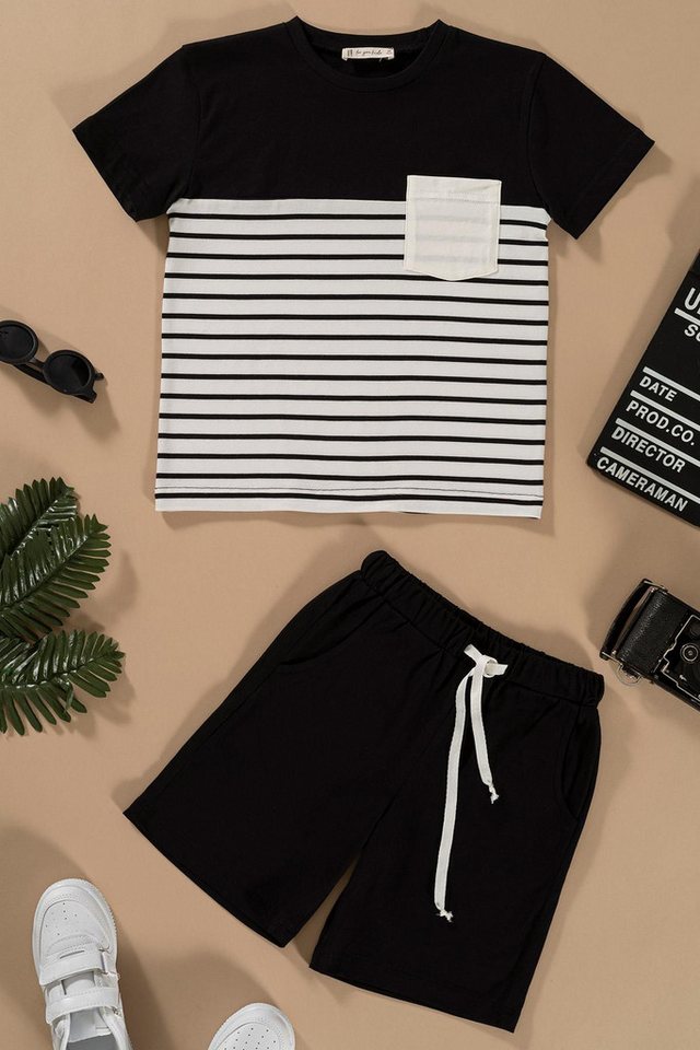 For You Moda T-Shirt Gestreiftes Verziertes Taschen Schwarz T-Shirt Shorts Set von For You Moda