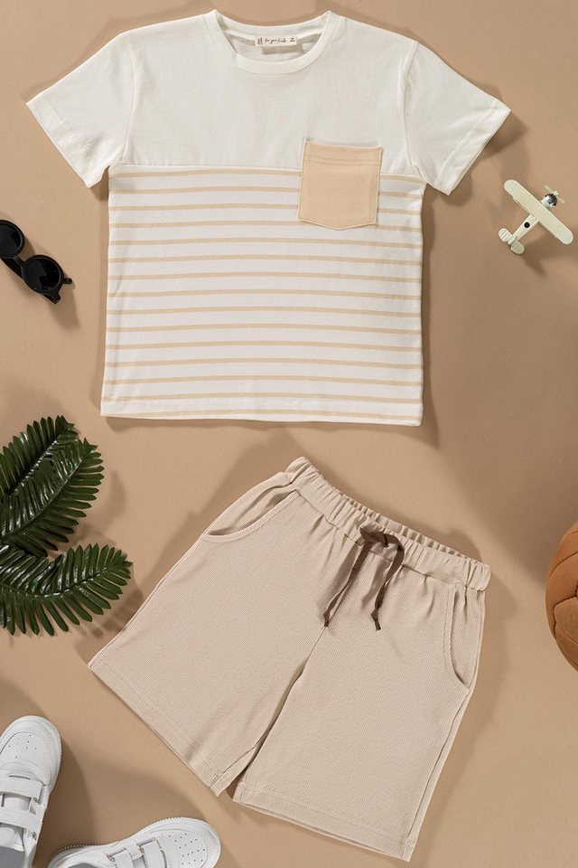 For You Moda T-Shirt Gestreiftes Verziertes Taschen Stein T-Shirt Shorts Set von For You Moda