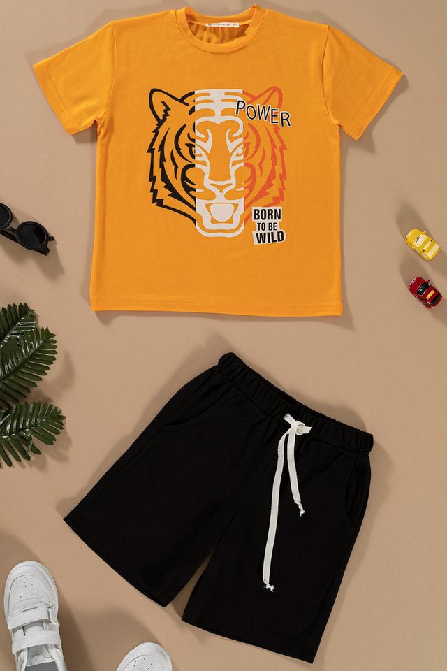 For You Moda T-Shirt Orange Bedrucktes Kaplan Top und Unterteil Set von For You Moda