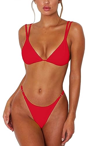 ForBeautyShe Damen Sexy Tanga Bottom Zweiteiliger Bikini Doppelte Schultergurte Niedlich Badeanzug Triangel Baden, Ad-red, Large von ForBeautyShe