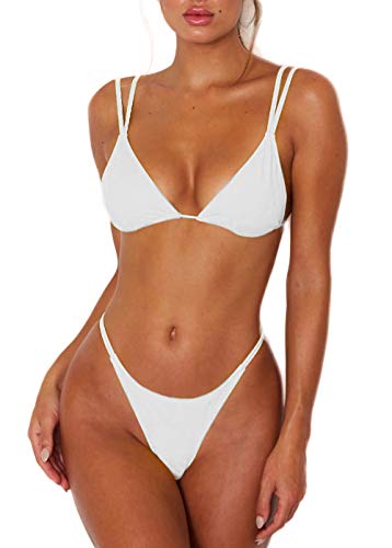 ForBeautyShe Damen Sexy Tanga Bottom Zweiteiliger Bikini Doppelte Schultergurte Niedlich Badeanzug Triangel Baden, Weiss/opulenter Garten, Large von ForBeautyShe