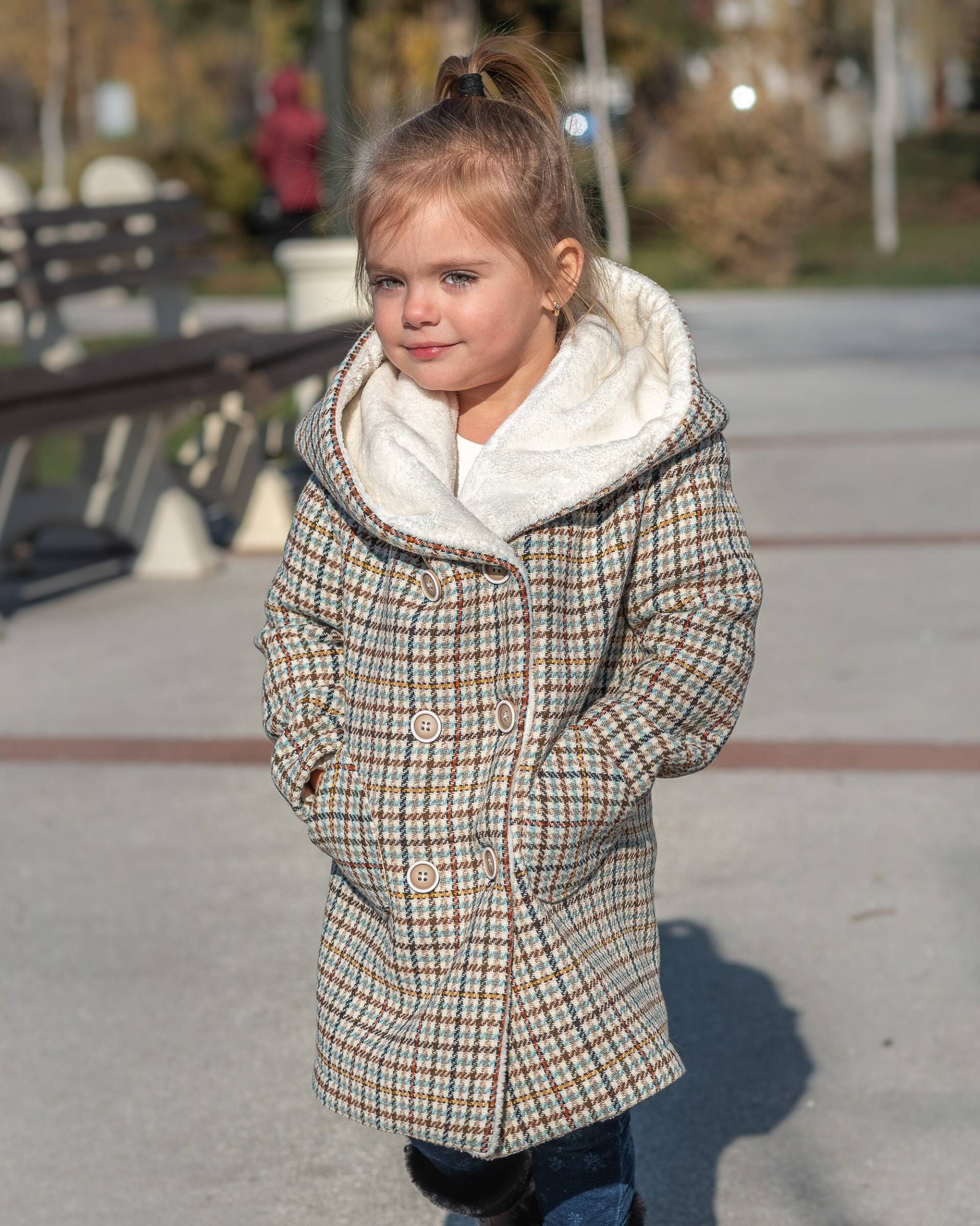 Kapuzenjacke Mädchen Jacke/Tweed Karo Kleinkind Mantel Groß Kapuze Kinder Wolle Kariert Overcoat Square Check Tartan Getwitterte Jacke von ForCutiesKids