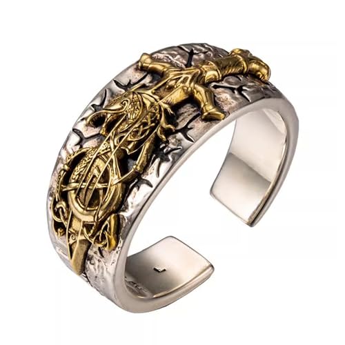 925 Sterling Silber Drache mit Schwert Ring gravierter Wikinger Vegvisir Kompass Nordischer Schmuck für Herren Damen Offen Verstellbare Größe L von ForFox