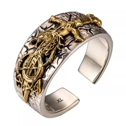 925 Sterling Silber Drache mit Schwert Ring gravierter Wikinger Vegvisir Kompass Nordischer Schmuck für Herren Damen Offen Verstellbare Größe XL von ForFox