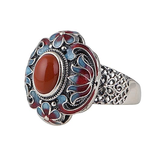 ForFox Damen Lotus Ring 925 Sterling Silber Emaille Cloisonné Lotusblüte Ring mit Roter Jade Offen Verstellbar von ForFox