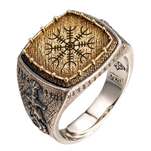 Der aegishjalmur helm der ehrfurcht ring zweifarbiger 925 sterling silber wikinger runen drachen schwert ring ordischer schmuck für herren damen größe 62 verstellbar von ForFox