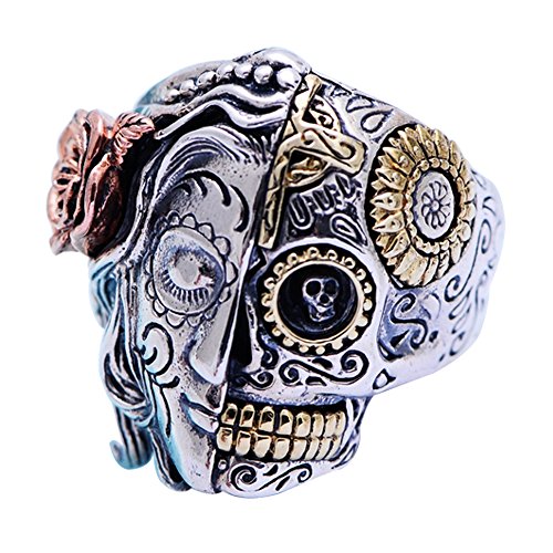 ForFox Dreifarbig Gothic 925 Sterling Silber Zwei Gesicht Zucker Totenkopf Ring Engel und Dämon Schädel Ring Biker Schmuck für Herren Damen Größe 67 von ForFox