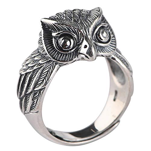 ForFox Vintage Massiv 925 Sterling Silber Eule Ring Nachteule Vogel Schmuck für Herren Damen Offen und Verstellbar von ForFox