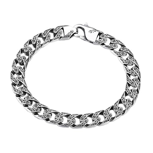 ForFox 9mm Panzerkette Armband Herren 925 Sterling Silber Kubanische Kette Gliederkette Armband mit Tang-Gras-Muster 20cm von ForFox