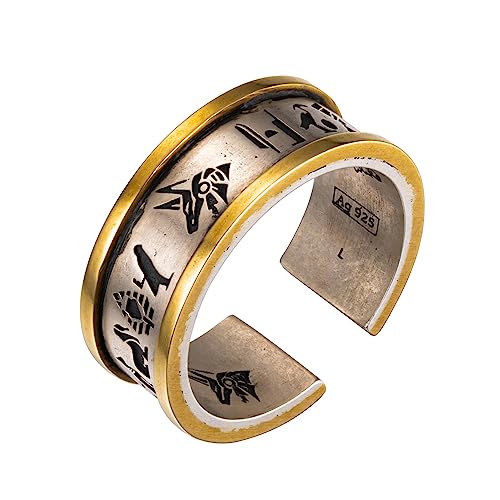 Ägypten Gott Anubis wolfskopf Ring zweifarbig 925 Sterling Silber ägyptischer Hieroglyphen Ring Band für Herren Damen offener verstellbar größe S von ForFox