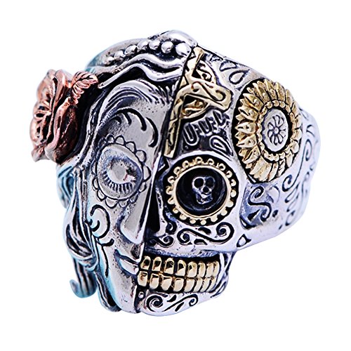Dreifarbig Gothic 925 Sterling Silber Zwei Gesicht Zucker Totenkopf Ring Engel und Dämon Schädel Ring Biker Schmuck für Herren Damen Größe 65 von ForFox