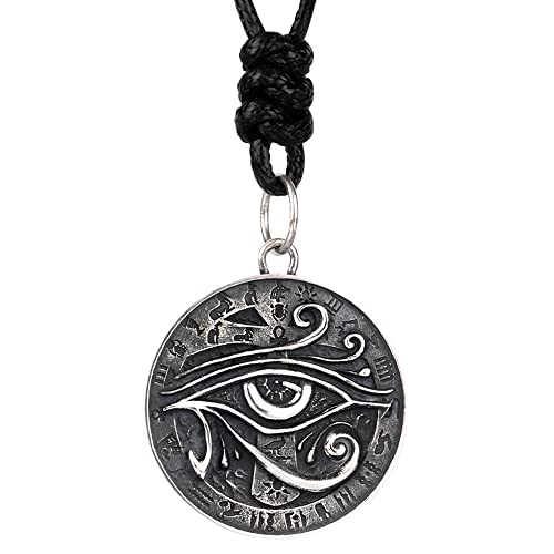 ForFox Echt 925 Sterling Silber Runde Anhänger Halskette Ägyptische Auge des Horus Halskette mit Ankh Kreuz für Herren Jungen Wachseil von ForFox