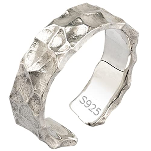Handgefertigter Gehämmerter Ring Echtes 925 Sterling Silber Offener Bandring für Herren Damen Verstellbar 7mm Größe M von ForFox
