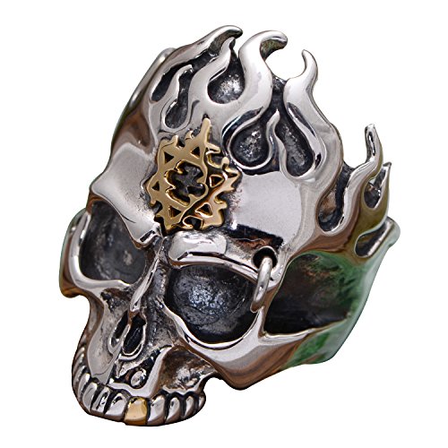 ForFox Gothic 925 Sterling Silber Feuer Totenkopf Ring mit Gold Davidstern Punk Schädel Schmuck für Herren Damen Größe 60 von ForFox