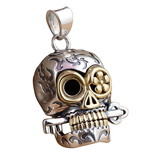 ForFox Gothic 925 Sterling Silber Schädel Totenkopf Anhänger mit Schlüssel Golden Augen für Damen Herren von ForFox