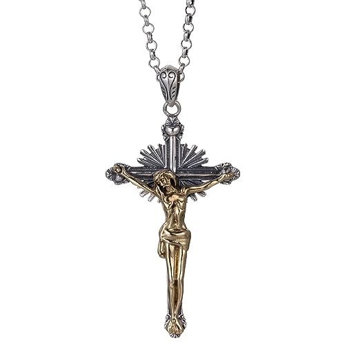 ForFox Großer 925 Sterling Silber Kruzifix Halskette Kreuz Jesus Christus Anhänger mit 60cm Kette Katholische Christian Schmuck für Herren Damen Zweifarbig von ForFox